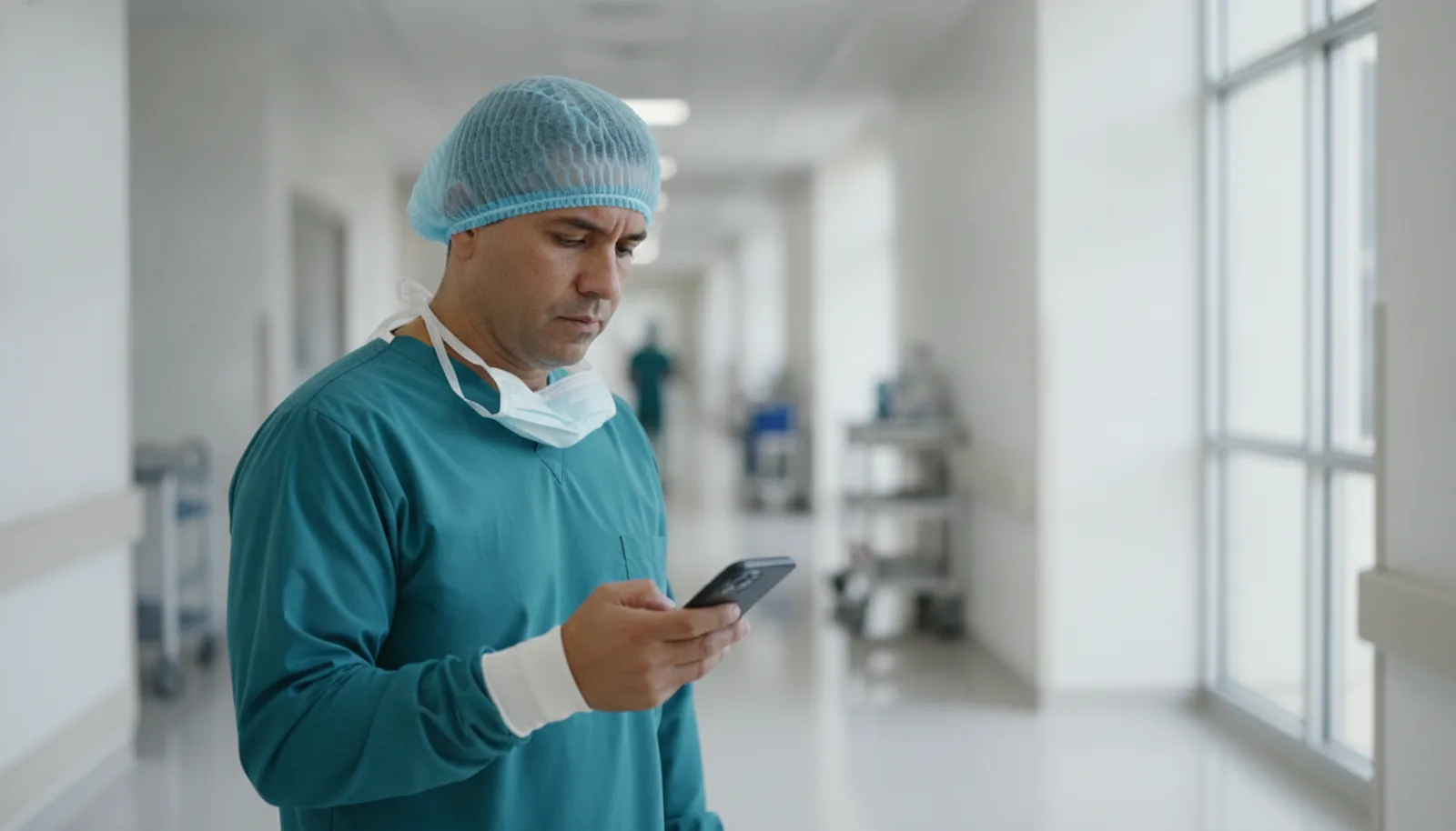 Un cirujano con uniforme quirúrgico y gorro revisa su celular en el pasillo de un hospital, justo al salir del área de operaciones.