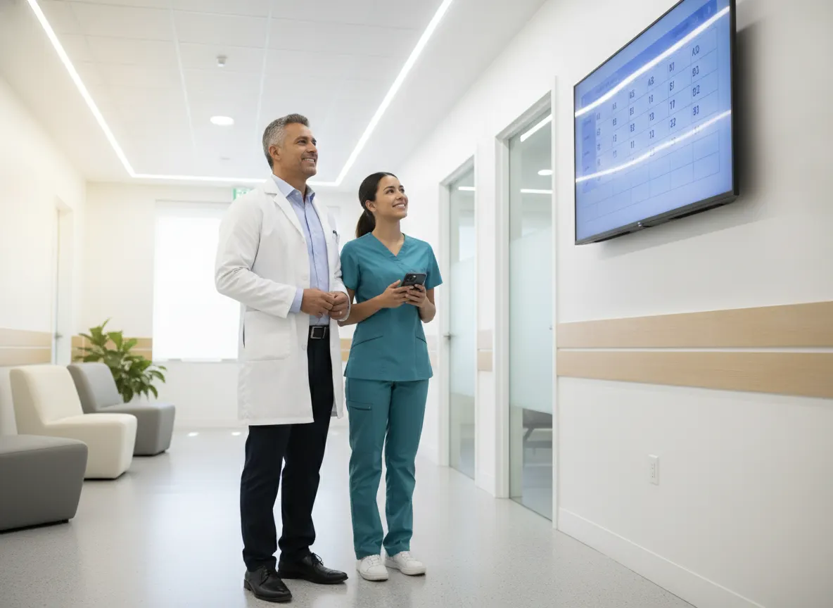 Un médico con bata blanca y una enfermera en uniforme miran la pantalla de turnos en el pasillo luminoso de una clínica.