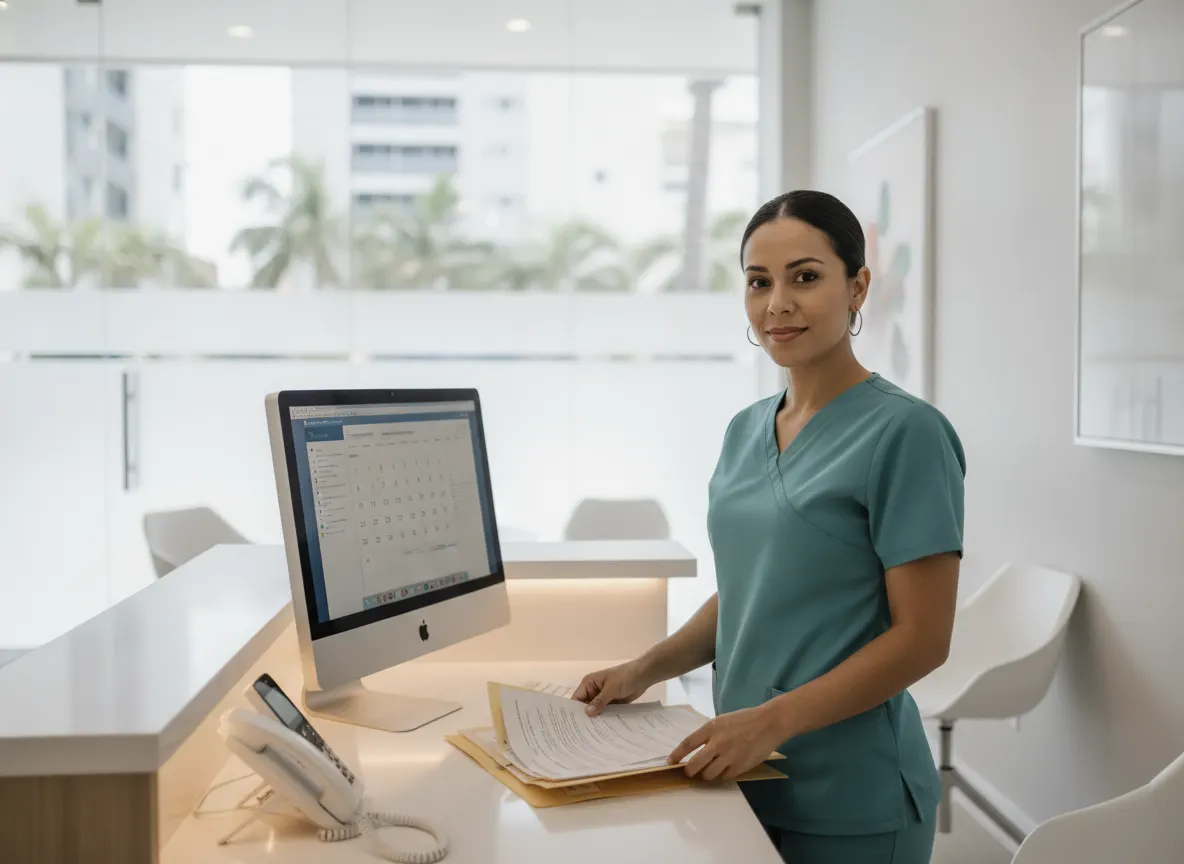 Una recepcionista de clínica, de pie junto a una computadora, sostiene un expediente de papel abierto; sobre el mostrador hay un teléfono fijo.