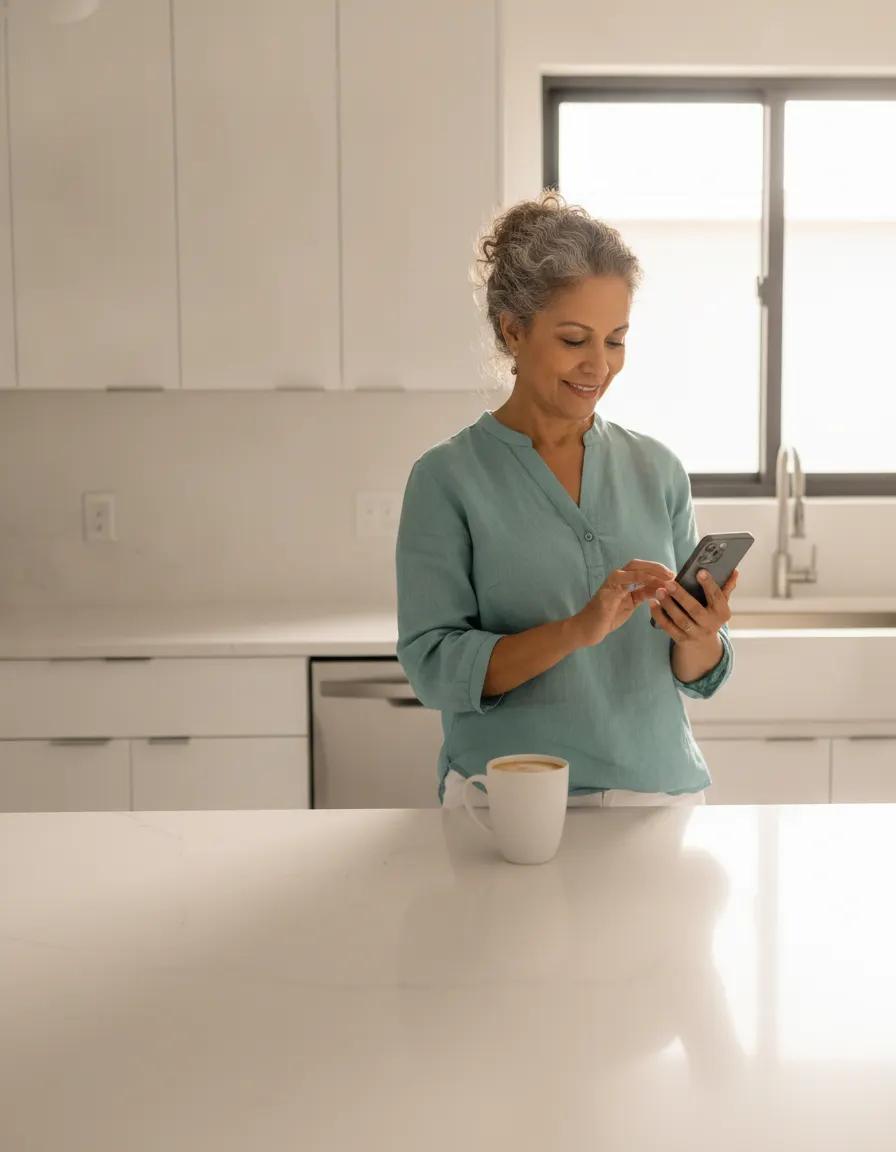 Una mujer de pelo canoso revisa su celular de pie en la cocina de su casa, con una taza de café sobre el mostrador.