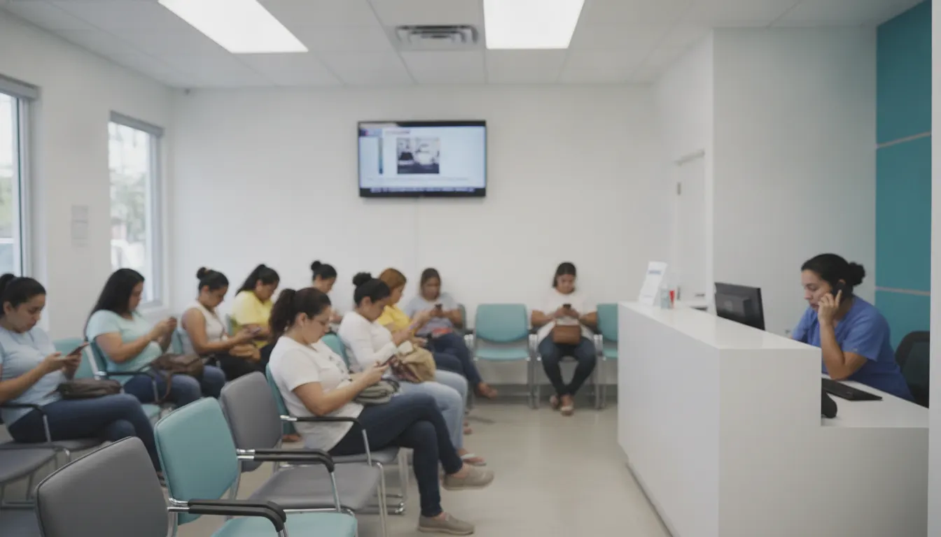 Una sala de espera llena: filas de sillas ocupadas por pacientes que miran sus celulares mientras la recepcionista atiende el teléfono en el mostrador.